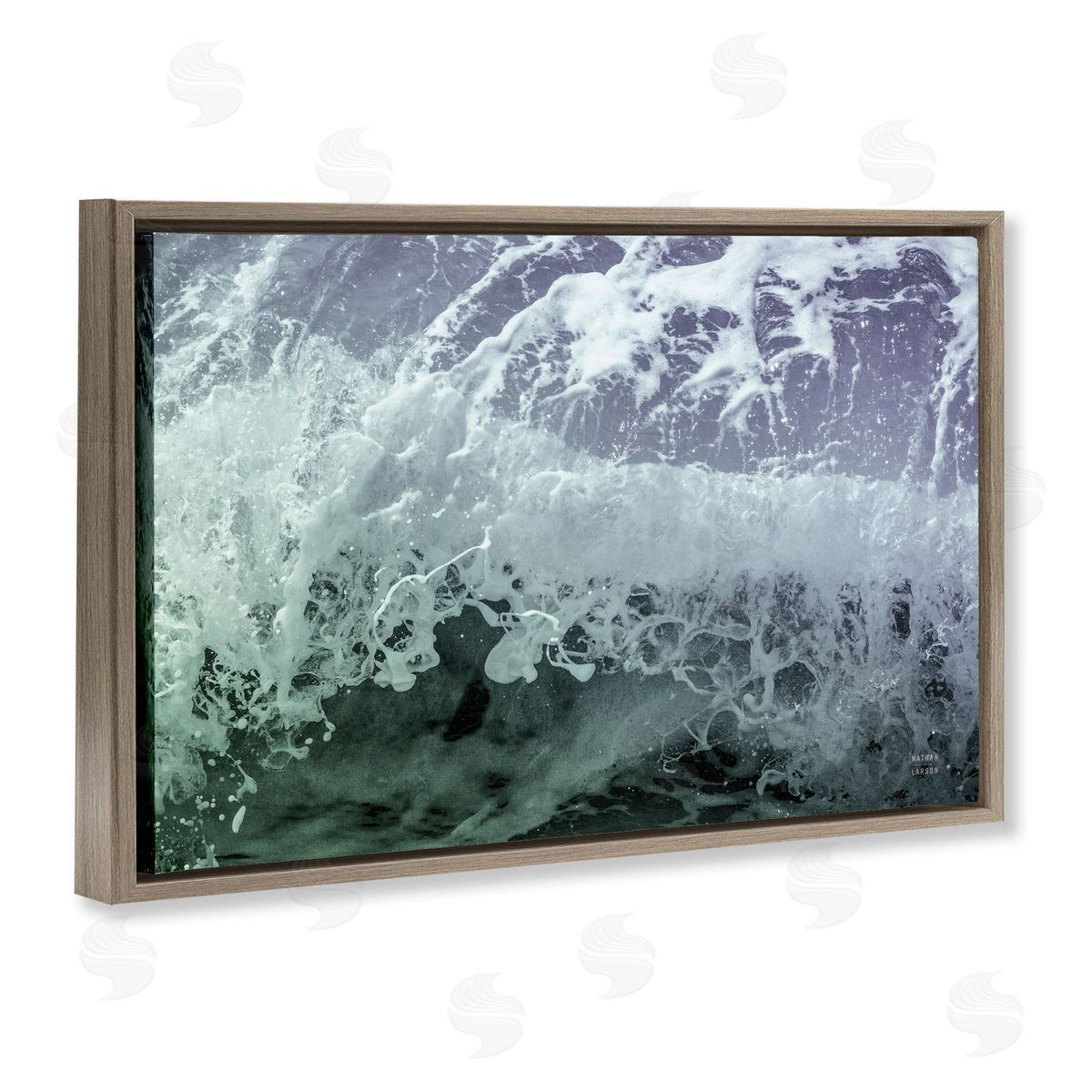 Splashing Blue Waves Brown Floating Frame Canvas Wall Art, Home Decor by Nathan Larson