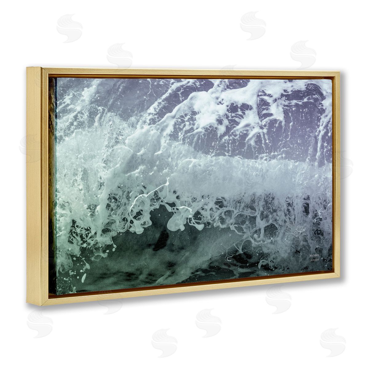 Splashing Blue Waves Gold Floating Frame Canvas Wall Art, Home Decor by Nathan Larson