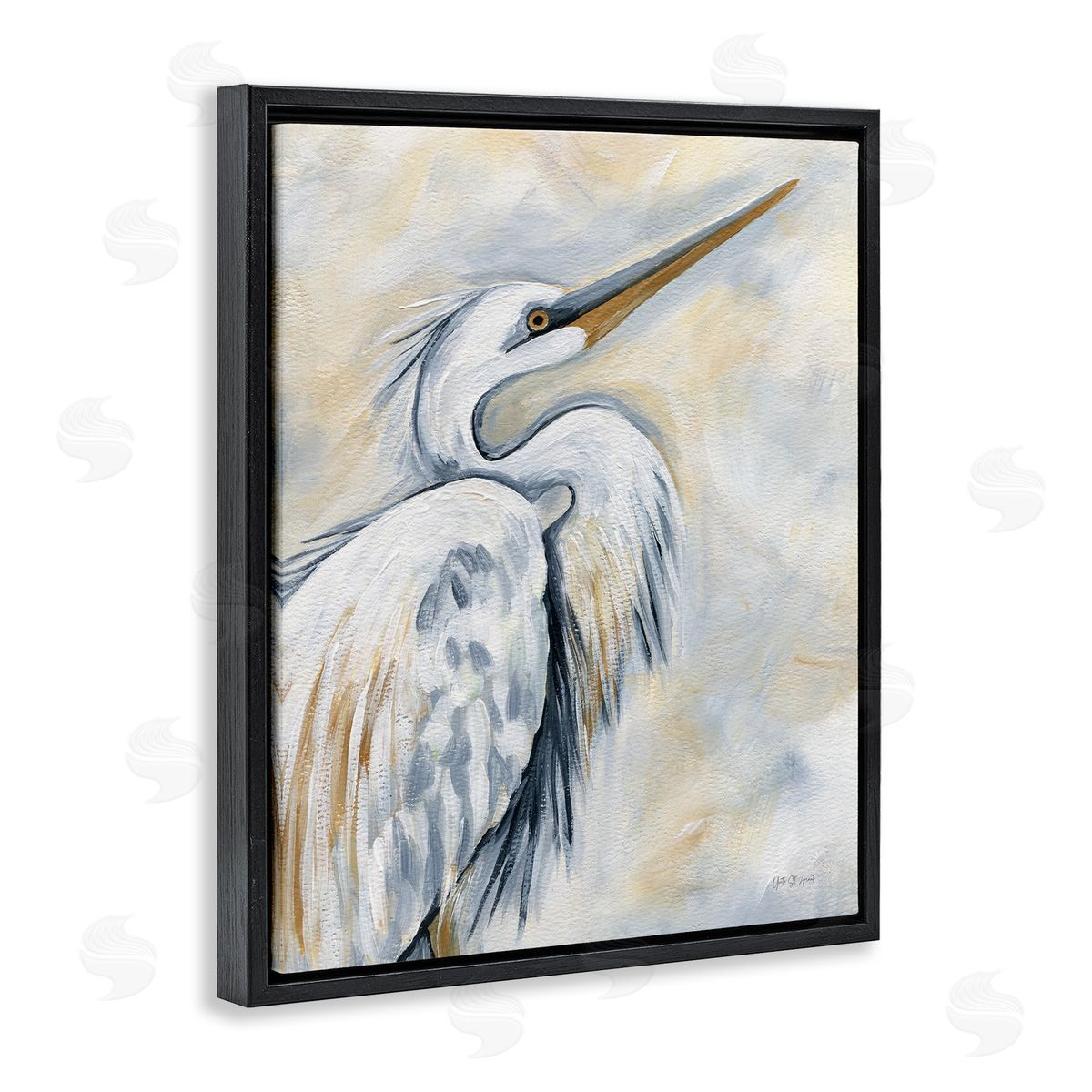Muted White Egret Black Floating Frame Canvas Wall Art, Home Decor by Yvette St. Amant