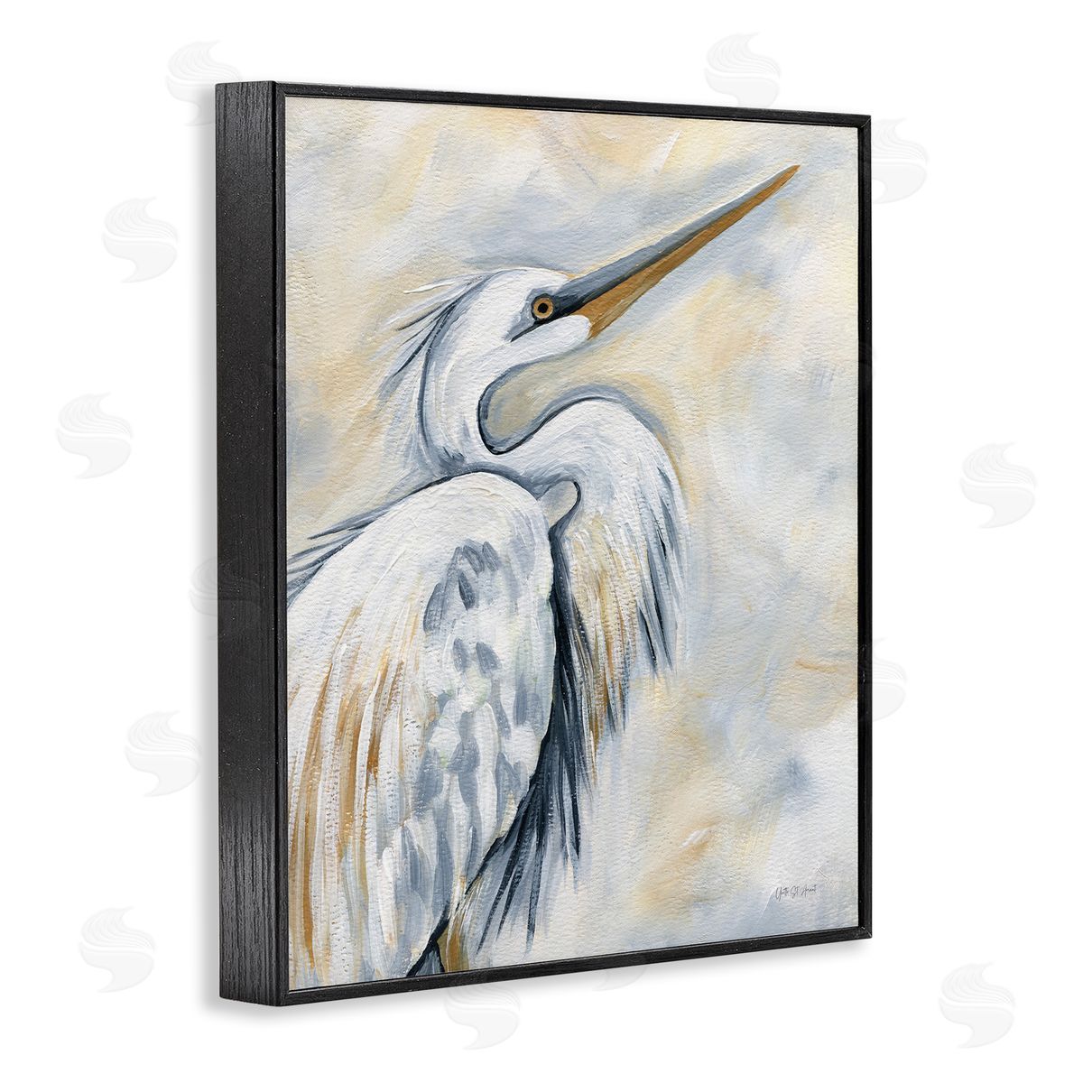 Muted White Egret Black Frame Print Wall Art, Home Decor by Yvette St. Amant