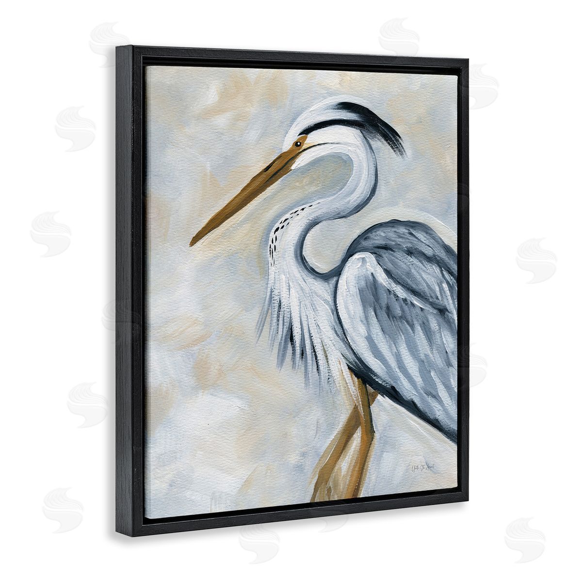 Muted Blue Heron Black Floating Frame Canvas Wall Art, Home Decor by Yvette St. Amant