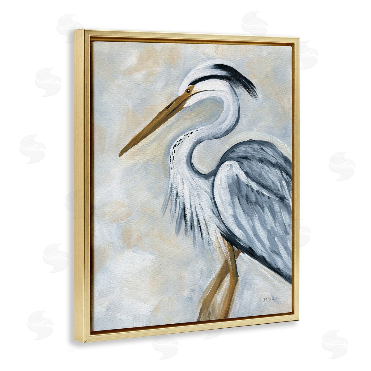 Muted Blue Heron Gold Floating Frame Canvas Wall Art, Home Decor by Yvette St. Amant