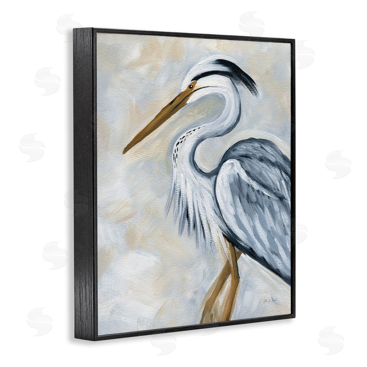 Muted Blue Heron Black Frame Print Wall Art, Home Decor by Yvette St. Amant