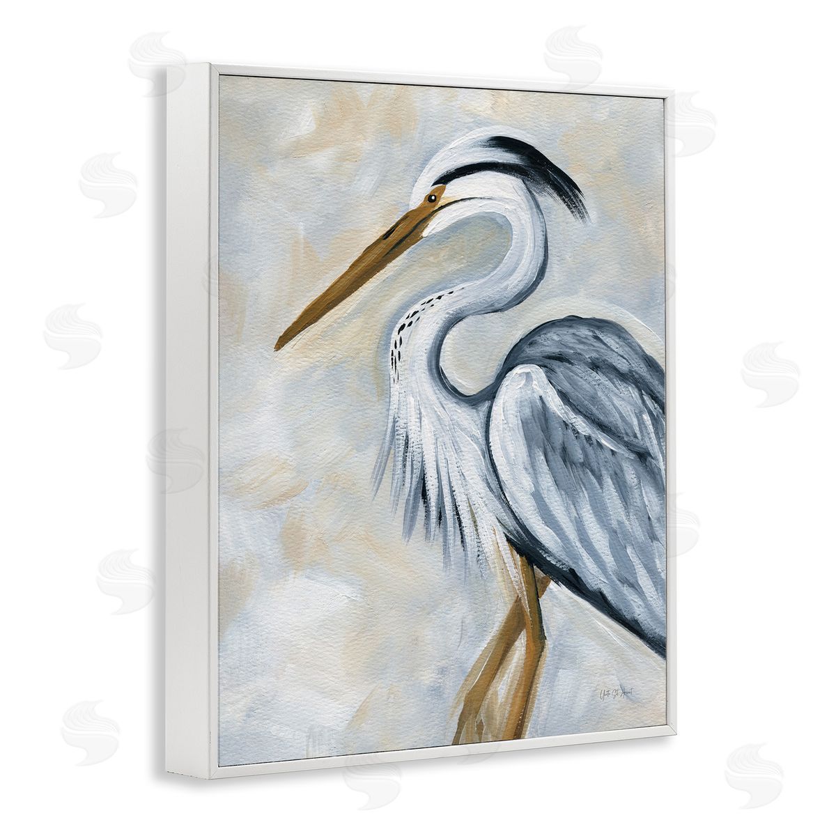 Muted Blue Heron White Frame Print Wall Art, Home Decor by Yvette St. Amant