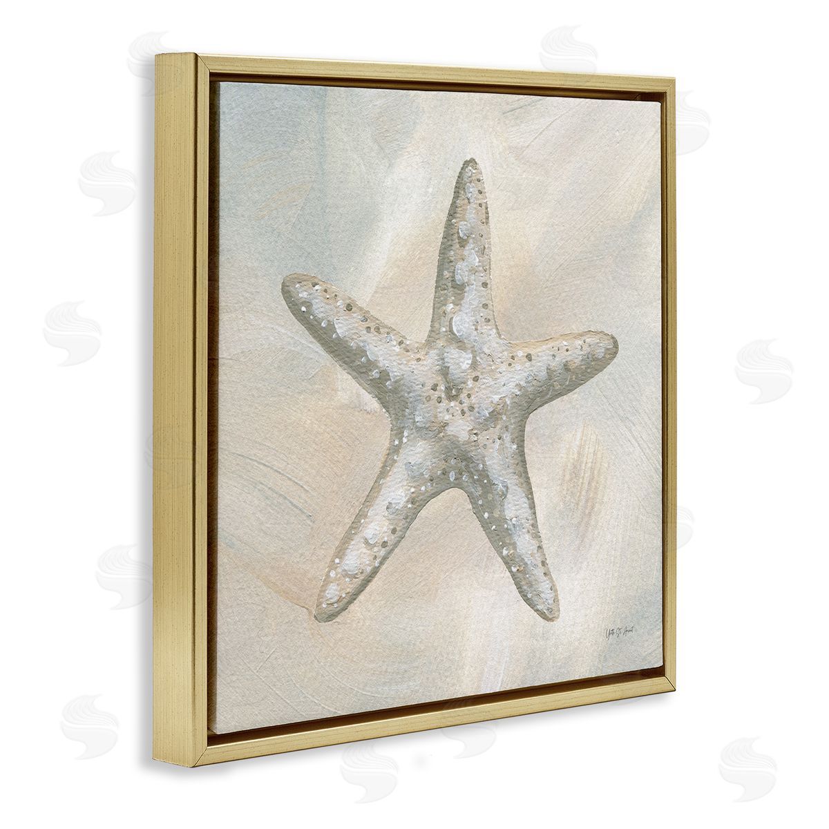 Simple Beige Starfish Gold Floating Frame Canvas Wall Art, Home Decor by Yvette St. Amant