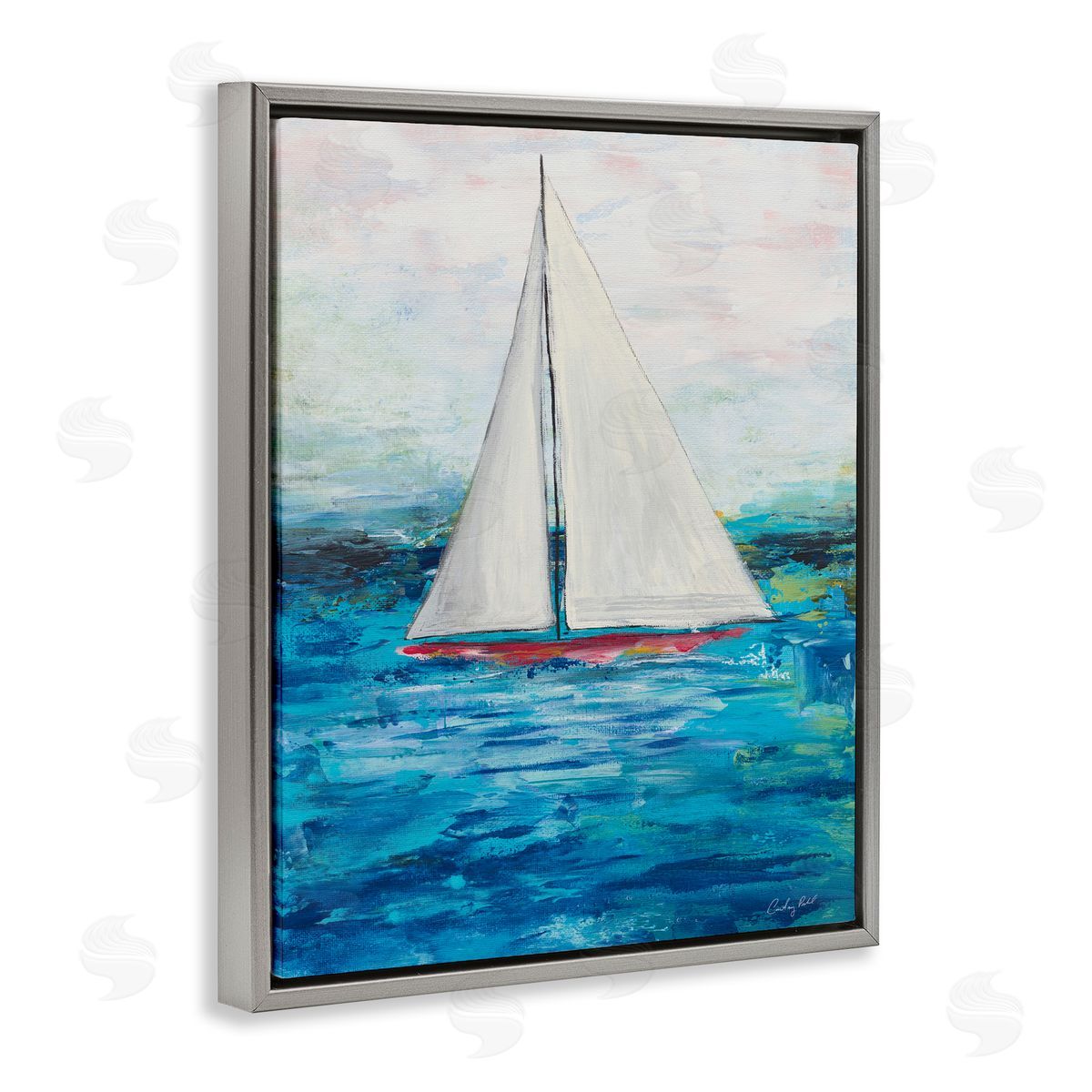 Boat Setting Sail Grey Floating Frame Canvas Wall Art, Home Decor by Courtney Prahl