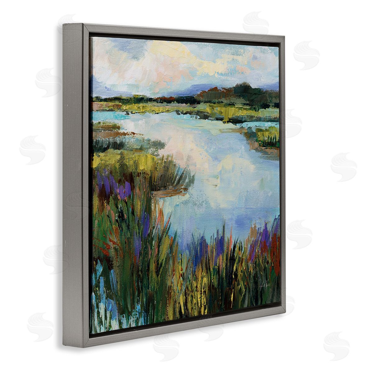 Rural Stream Nature Grey Floating Frame Canvas Wall Art, Home Decor by Jeanette Vertentes