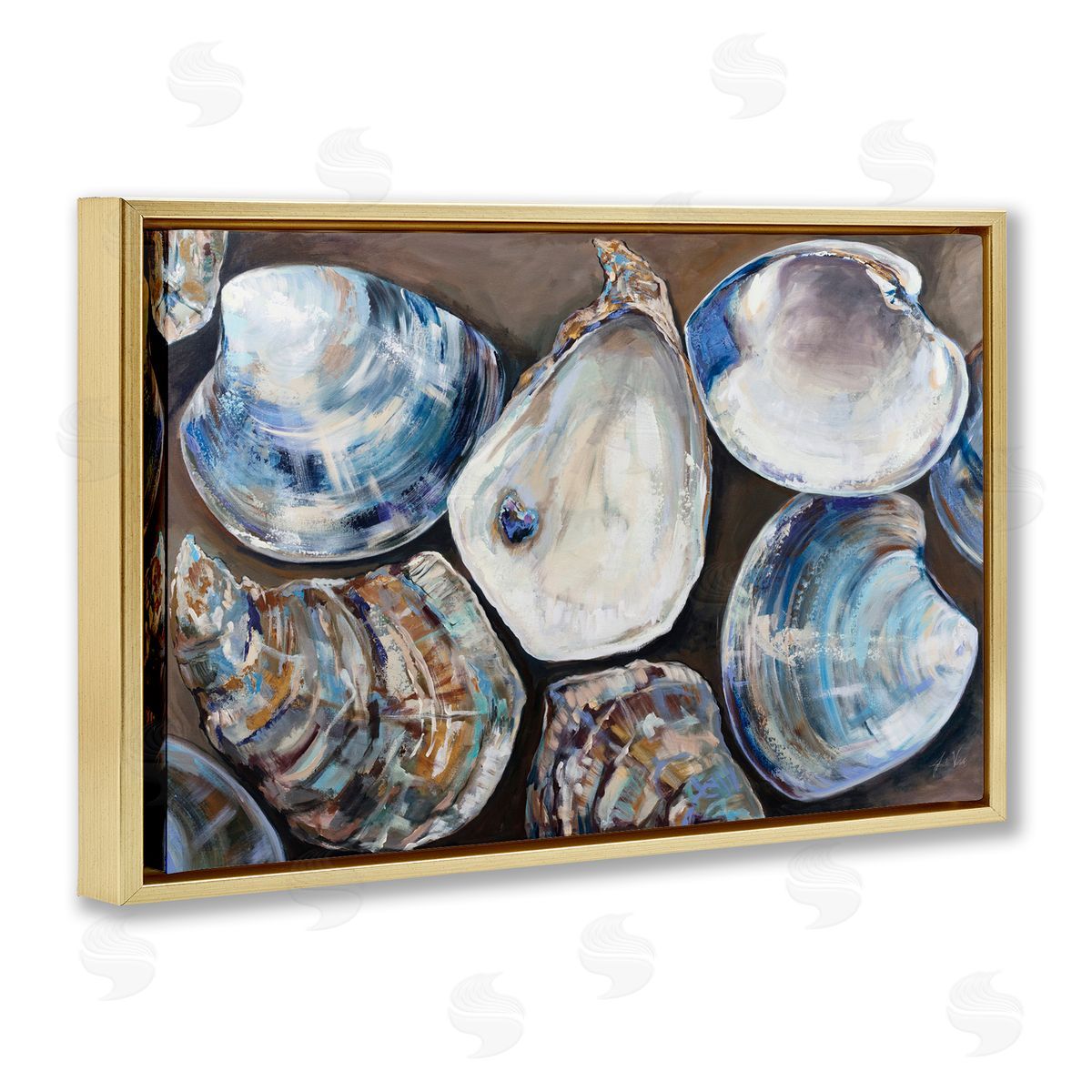 Varied Seashell Shucks Gold Floating Frame Canvas Wall Art, Home Decor by Jeanette Vertentes