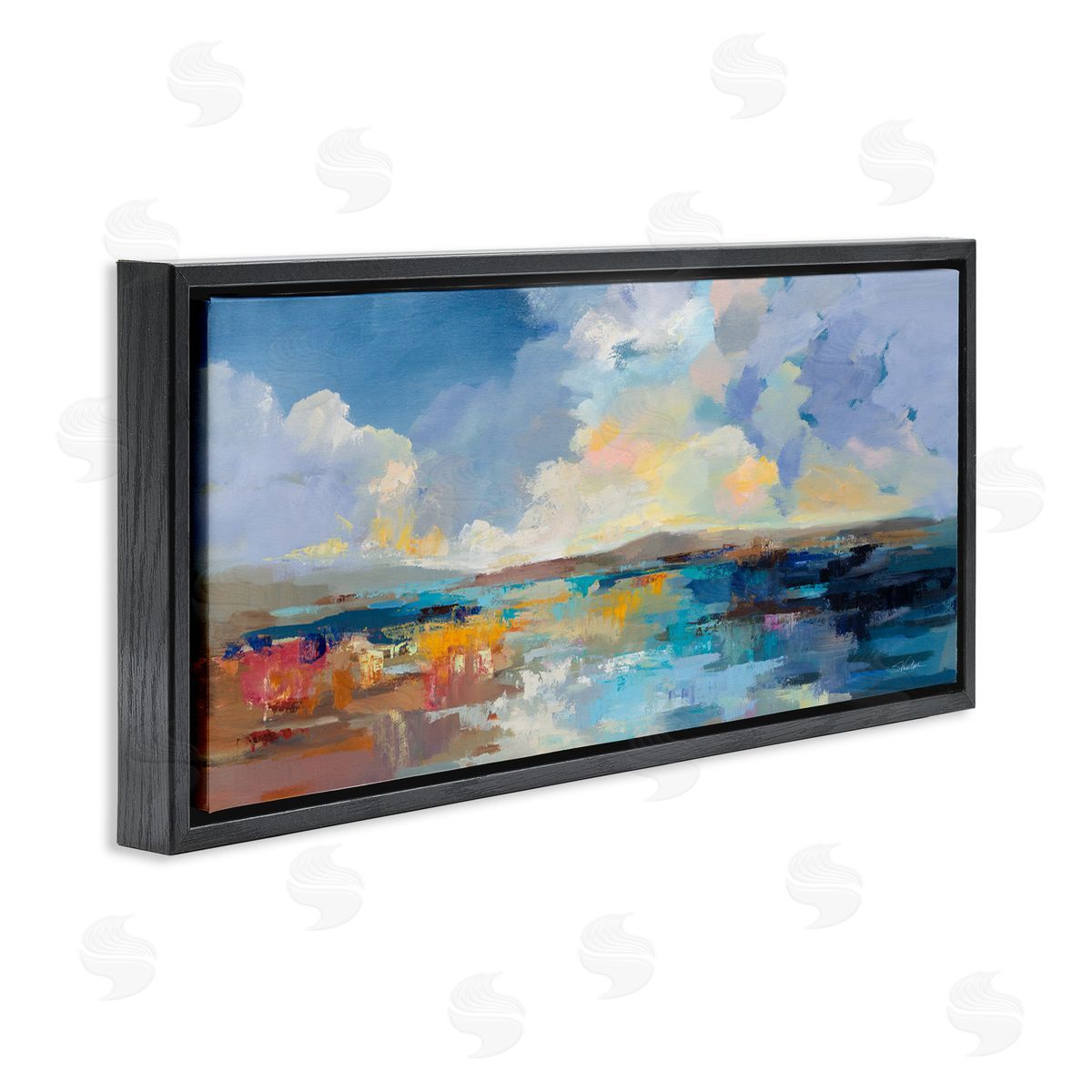 Seaside Sunset Abstract Black Floating Frame Canvas Wall Art, Home Decor by Silvia Vassileva