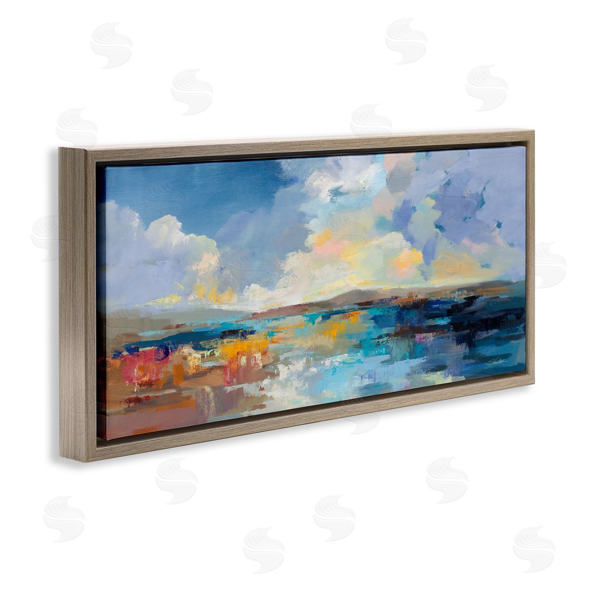 Seaside Sunset Abstract Brown Floating Frame Canvas Wall Art, Home Decor by Silvia Vassileva