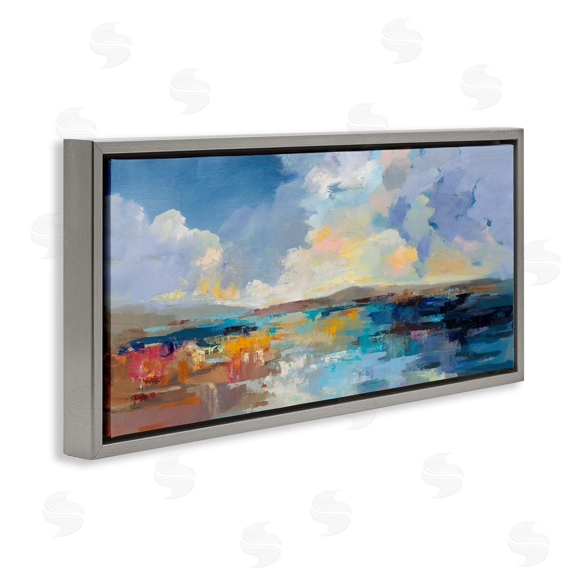 Seaside Sunset Abstract Grey Floating Frame Canvas Wall Art, Home Decor by Silvia Vassileva