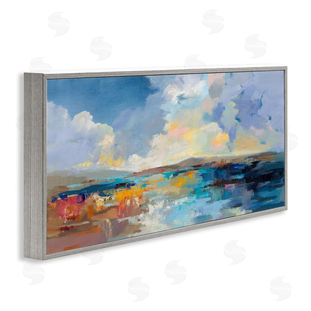 Seaside Sunset Abstract Grey Frame Print Wall Art, Home Decor by Silvia Vassileva