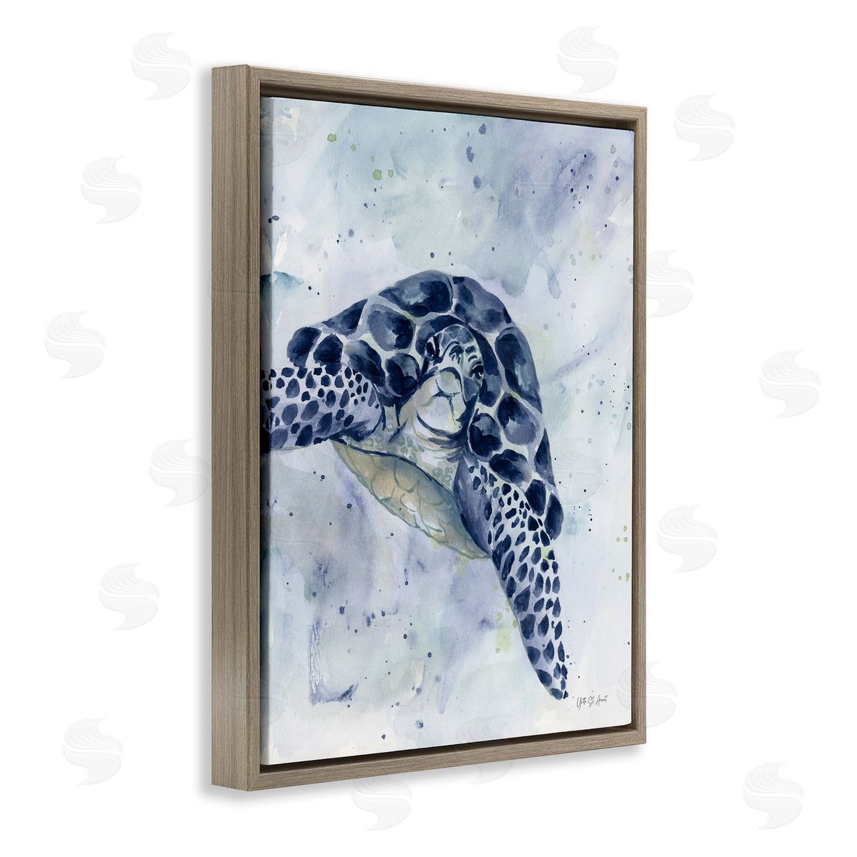 Swimming Blue Turtle Brown Floating Frame Canvas Wall Art, Home Decor by Yvette St. Amant