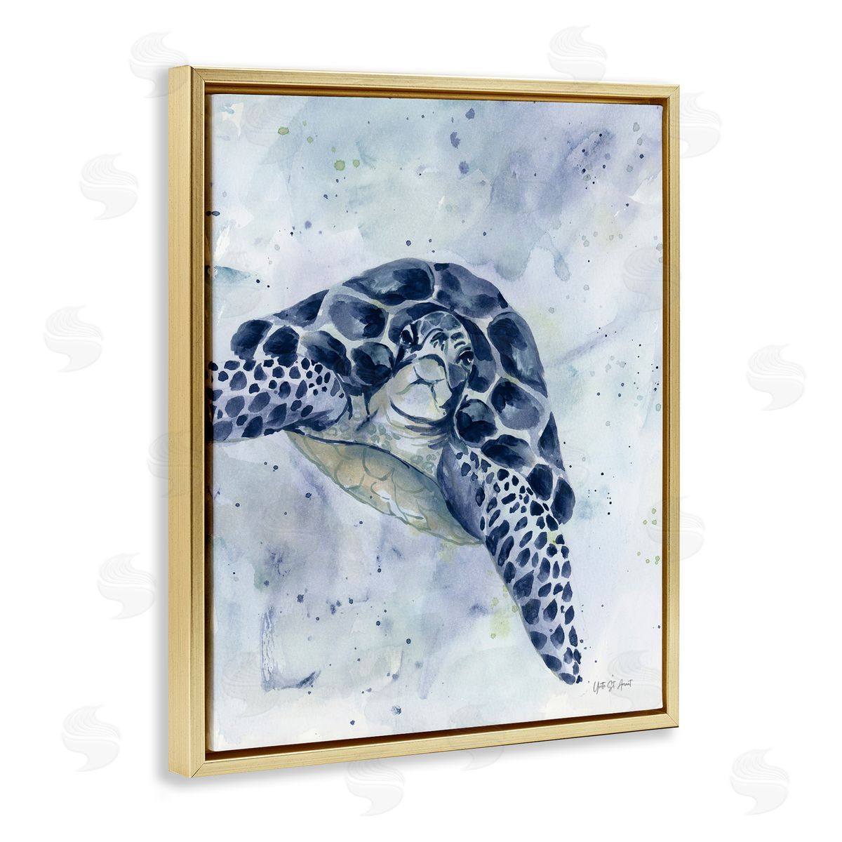 Swimming Blue Turtle Gold Floating Frame Canvas Wall Art, Home Decor by Yvette St. Amant