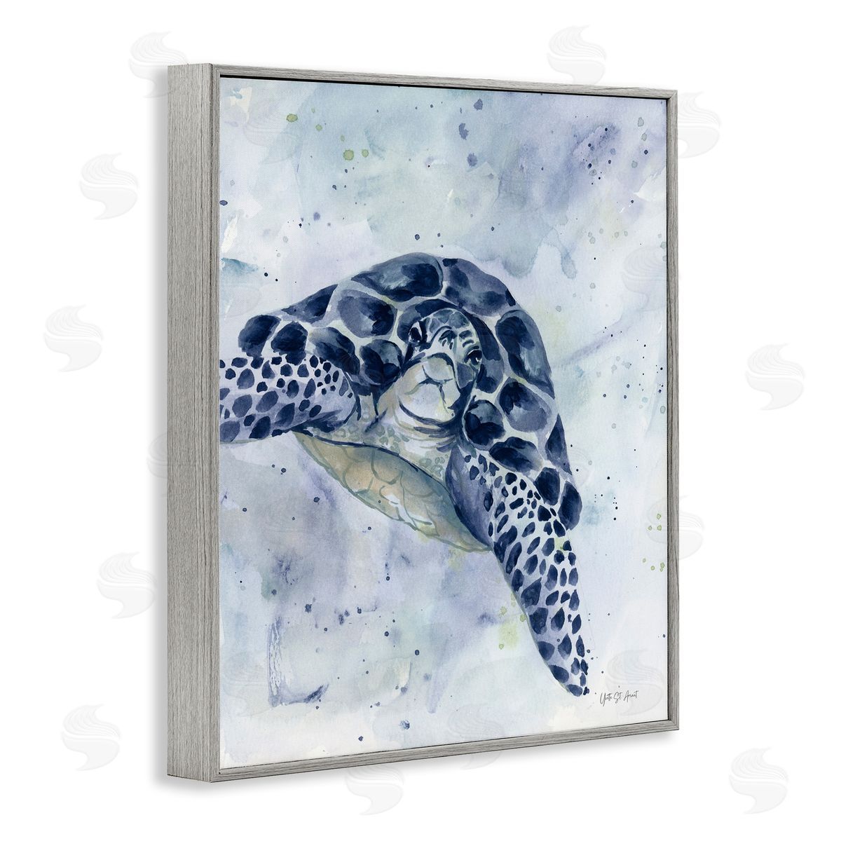 Swimming Blue Turtle Grey Frame Print Wall Art, Home Decor by Yvette St. Amant