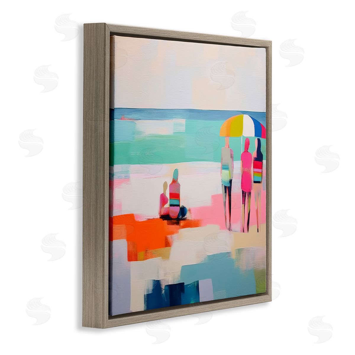 People on Beach Abstract Brown Floating Frame Canvas Wall Art, Home Decor by Irena Orlov