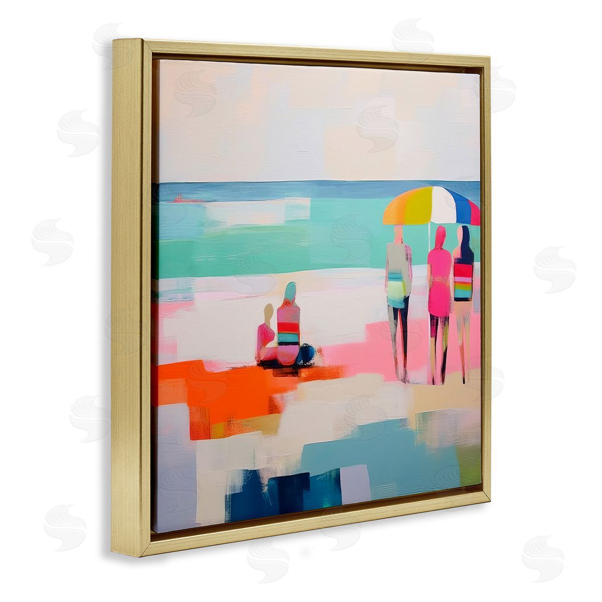 People on Beach Abstract Gold Floating Frame Canvas Wall Art, Home Decor by Irena Orlov
