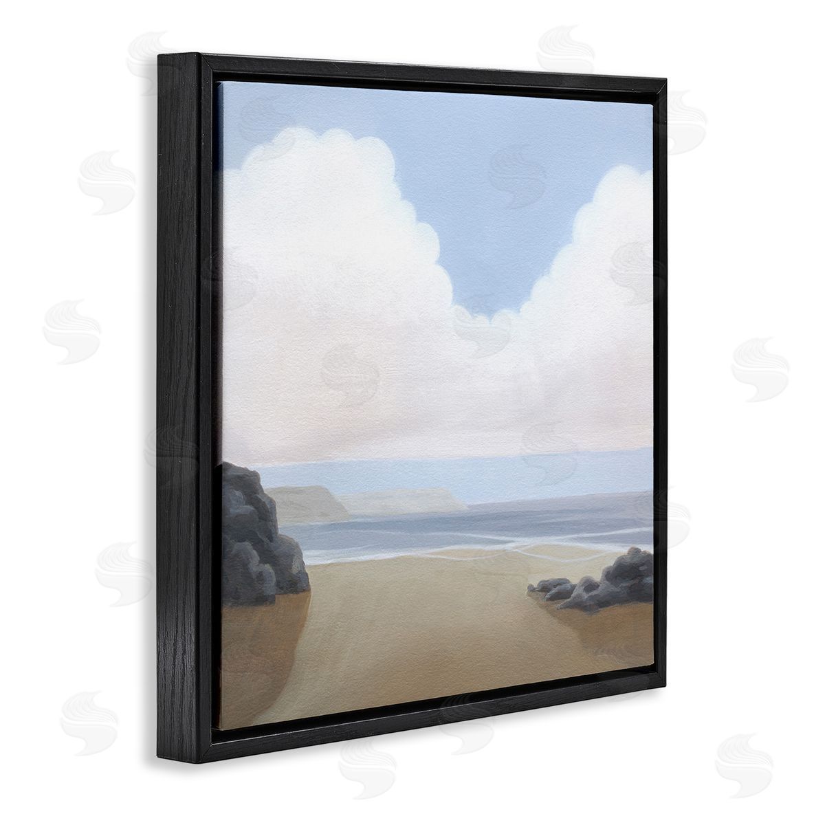 Fluffy Clouds Over Beach Black Floating Frame Canvas Wall Art, Home Decor by Melissa Wang