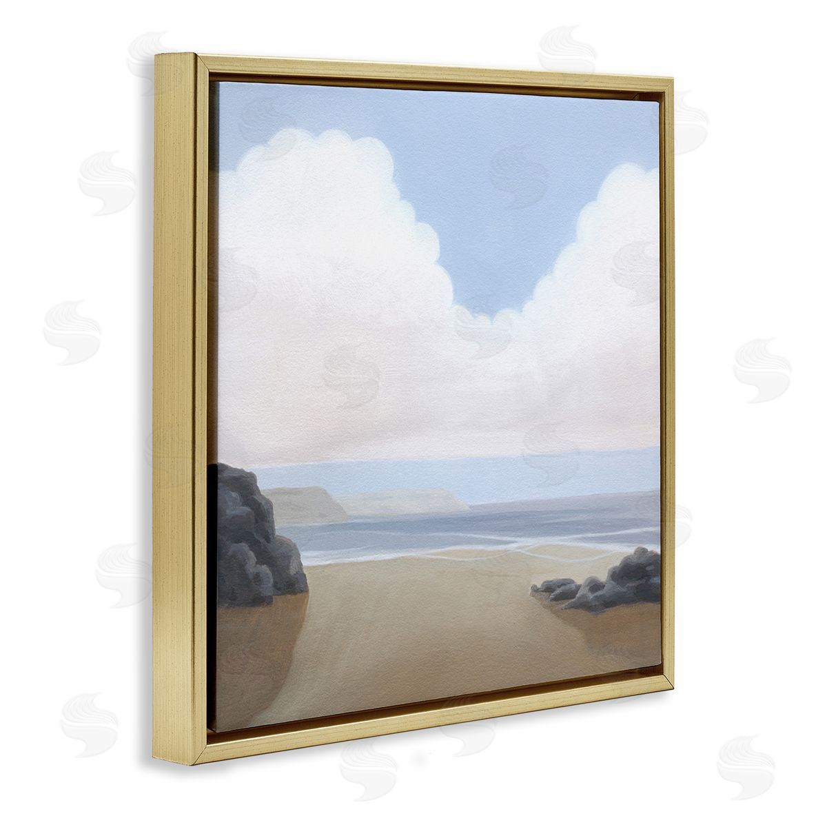 Fluffy Clouds Over Beach Gold Floating Frame Canvas Wall Art, Home Decor by Melissa Wang