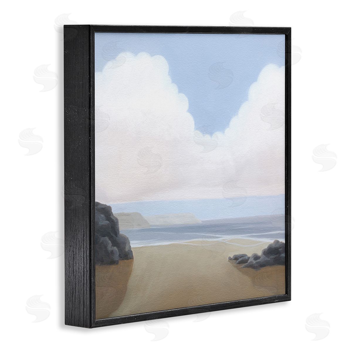Fluffy Clouds Over Beach Black Frame Print Wall Art, Home Decor by Melissa Wang