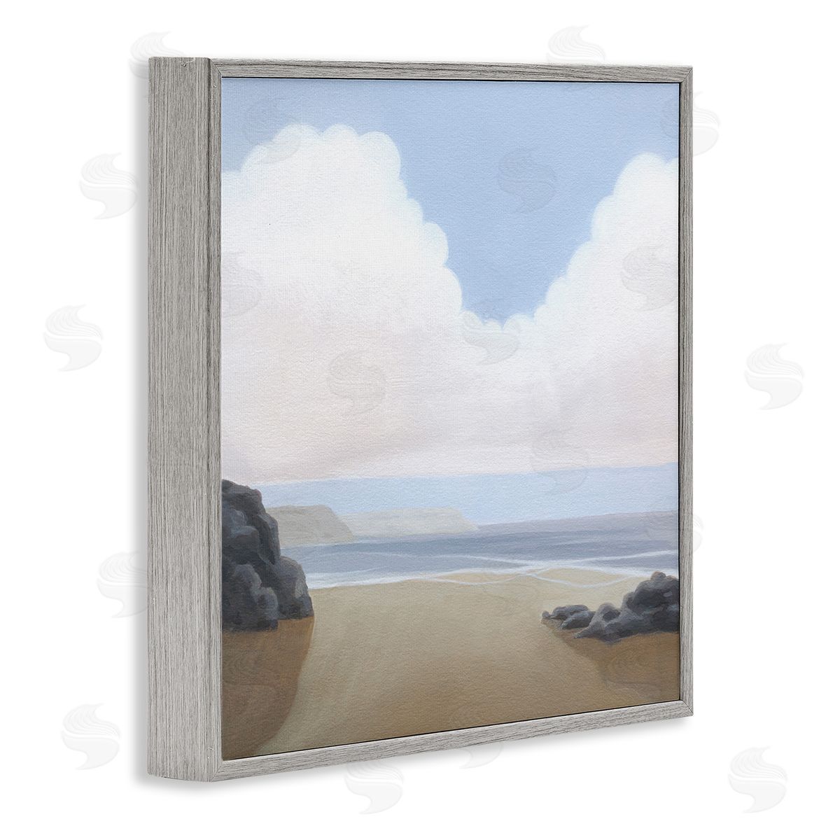 Fluffy Clouds Over Beach Grey Frame Print Wall Art, Home Decor by Melissa Wang