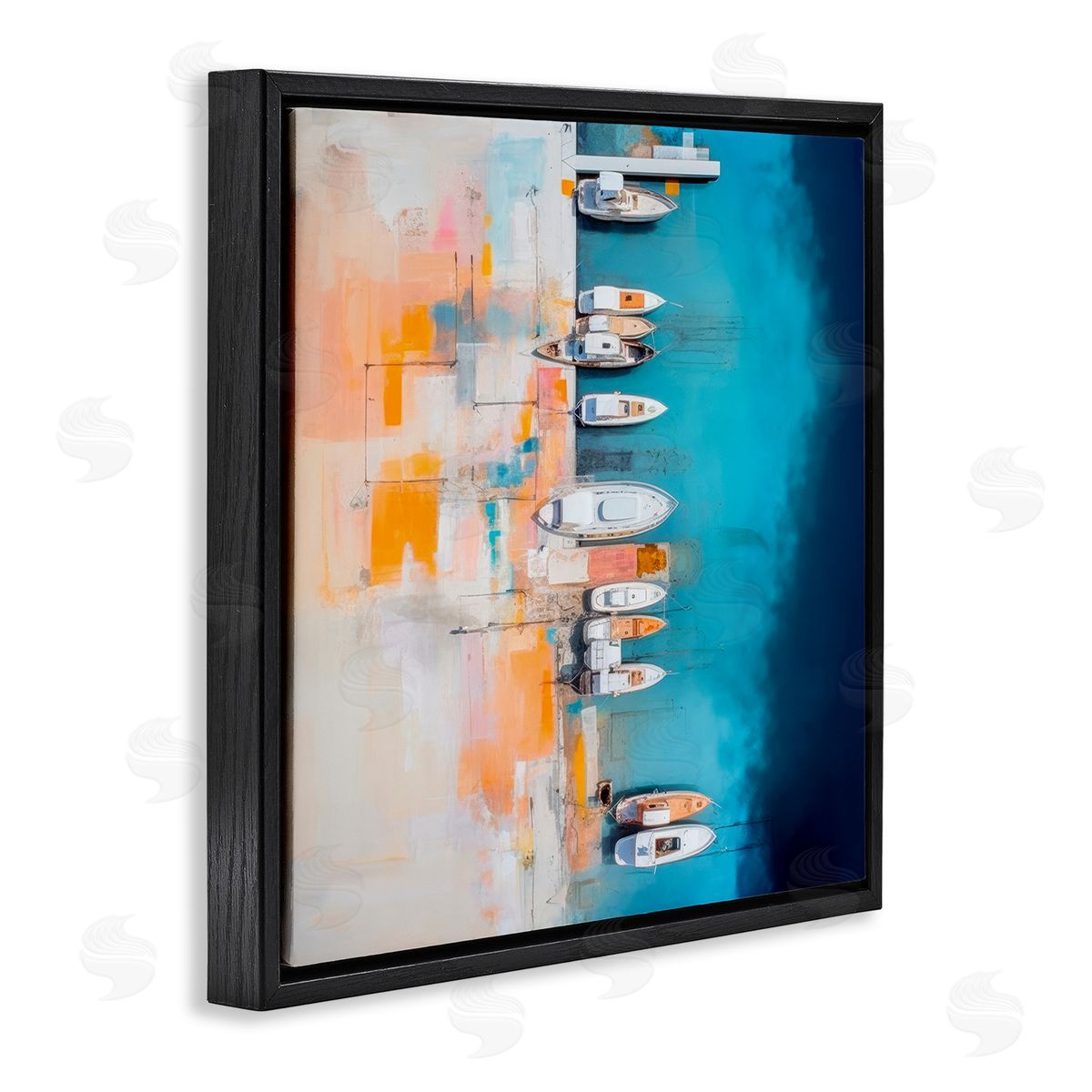 Boat Harbor Aerial View Black Floating Frame Canvas Wall Art, Home Decor by Irena Orlov
