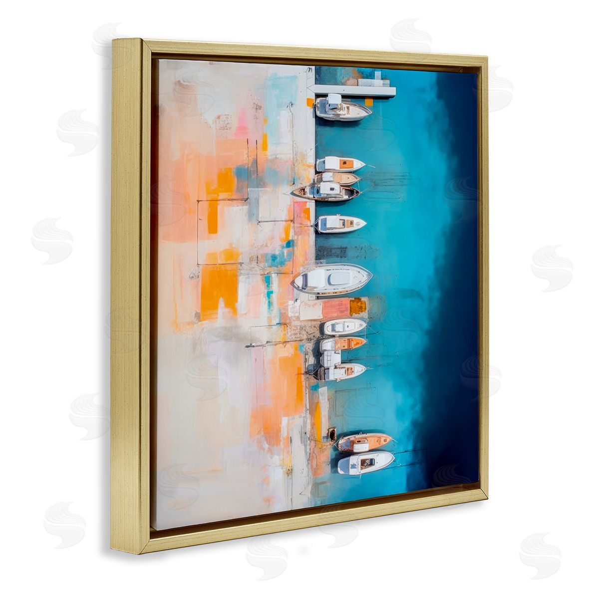 Boat Harbor Aerial View Gold Floating Frame Canvas Wall Art, Home Decor by Irena Orlov