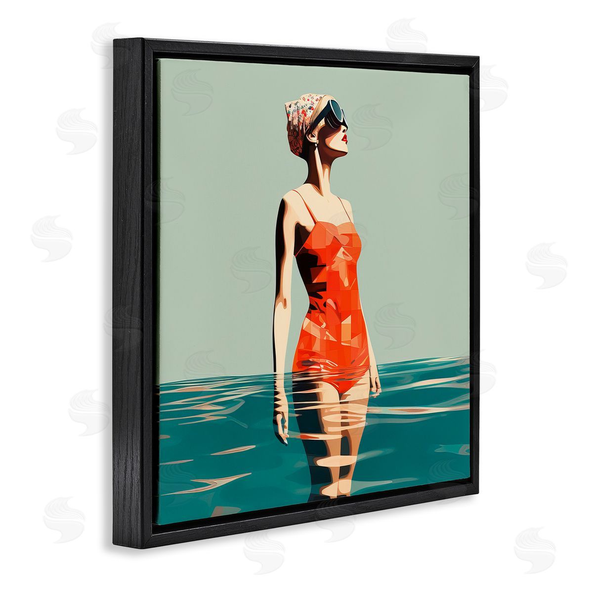 Retro Woman in Swimsuit Black Floating Frame Canvas Wall Art, Home Decor by Irena Orlov