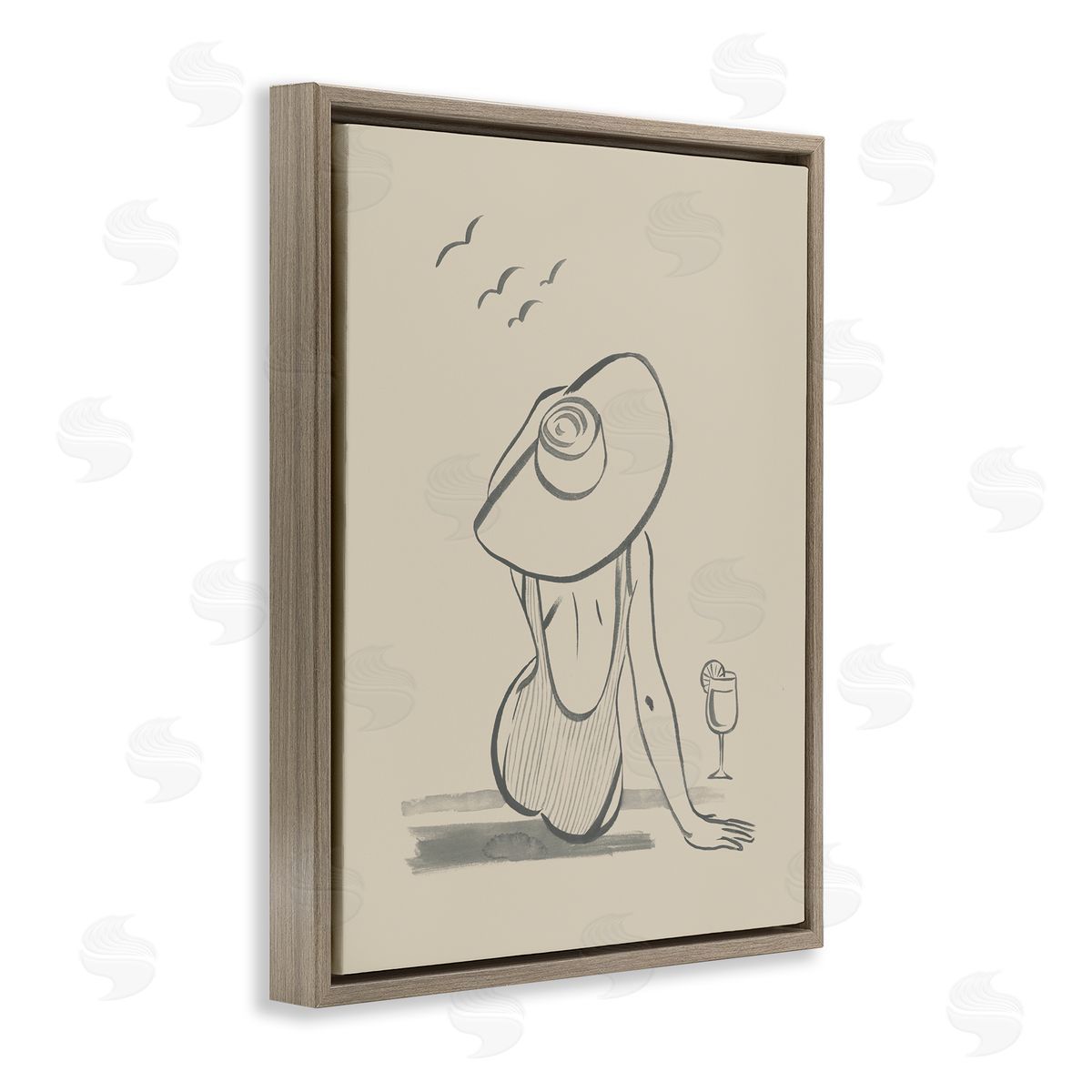 Beach Day Drawing Brown Floating Frame Canvas Wall Art, Home Decor by Grace Popp
