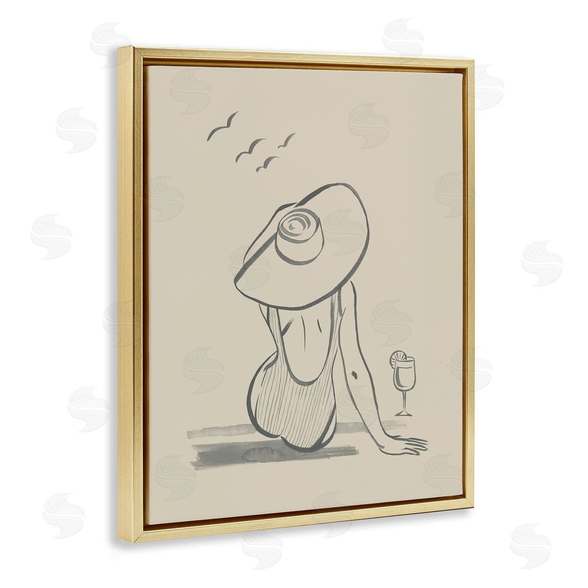 Beach Day Drawing Gold Floating Frame Canvas Wall Art, Home Decor by Grace Popp