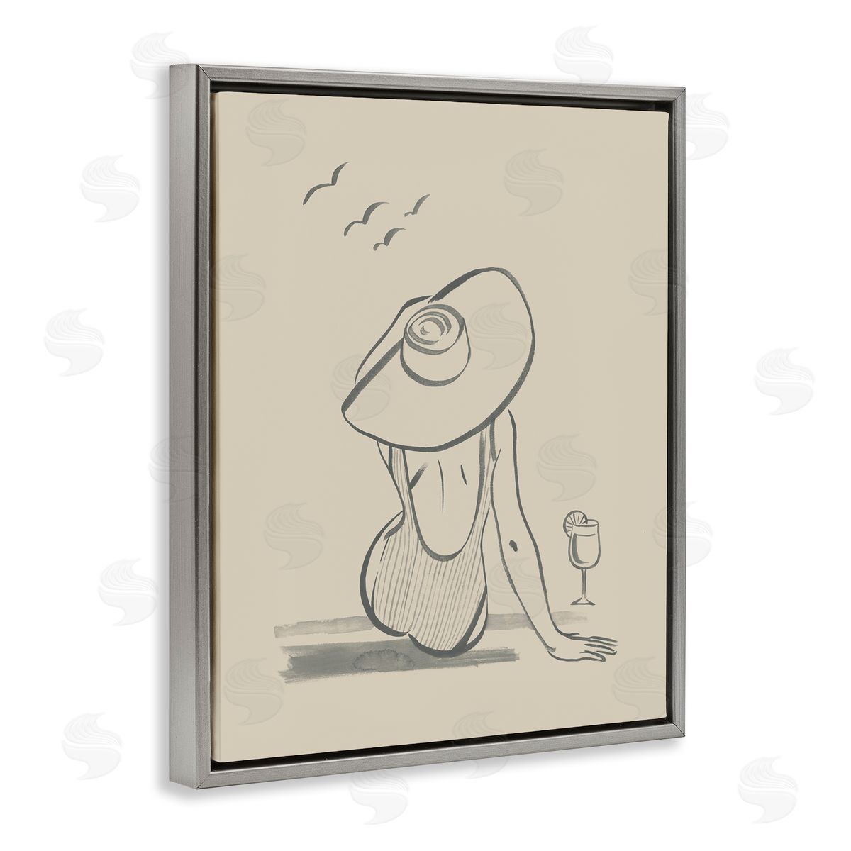 Beach Day Drawing Grey Floating Frame Canvas Wall Art, Home Decor by Grace Popp