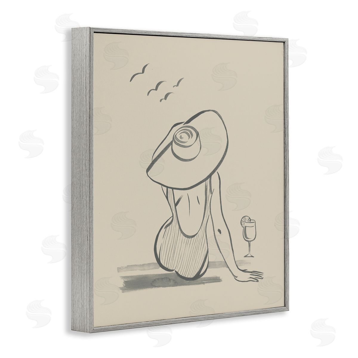 Beach Day Drawing Grey Frame Print Wall Art, Home Decor by Grace Popp