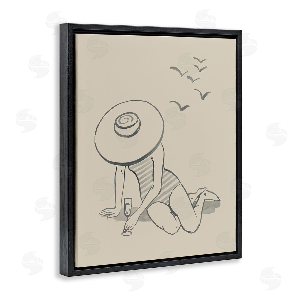 Girl on Beach Sketch Black Floating Frame Canvas Wall Art, Home Decor by Grace Popp