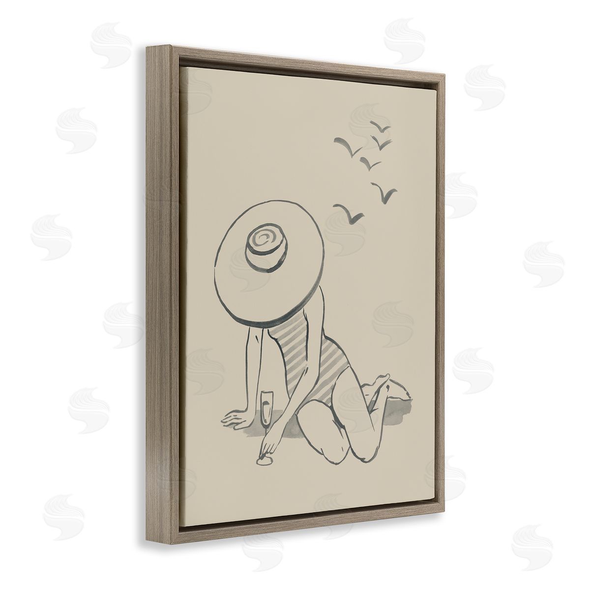 Girl on Beach Sketch Brown Floating Frame Canvas Wall Art, Home Decor by Grace Popp