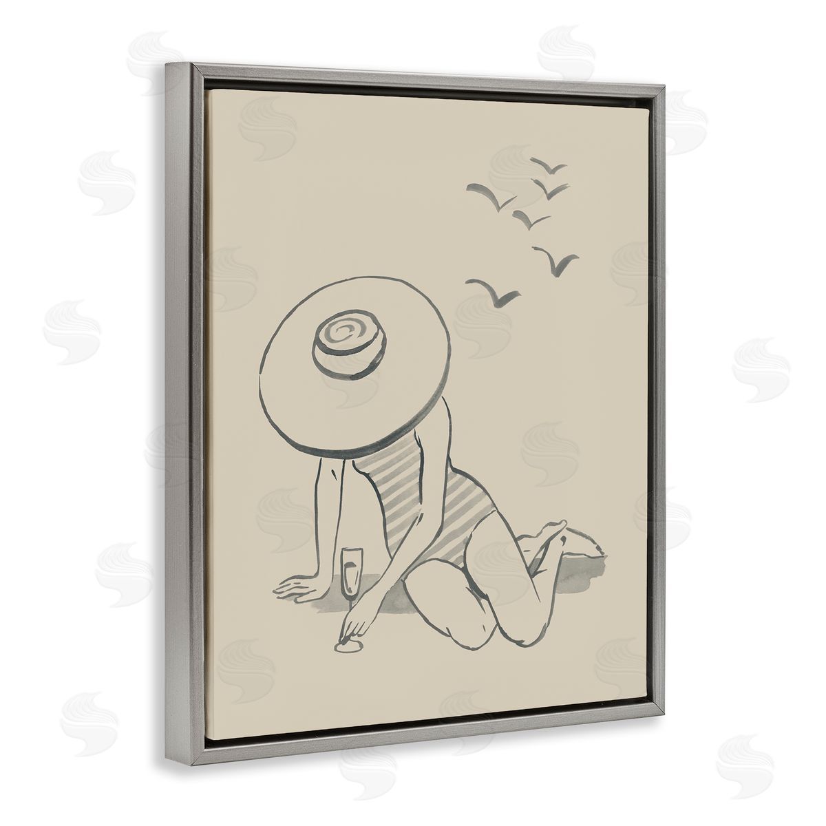 Girl on Beach Sketch Grey Floating Frame Canvas Wall Art, Home Decor by Grace Popp