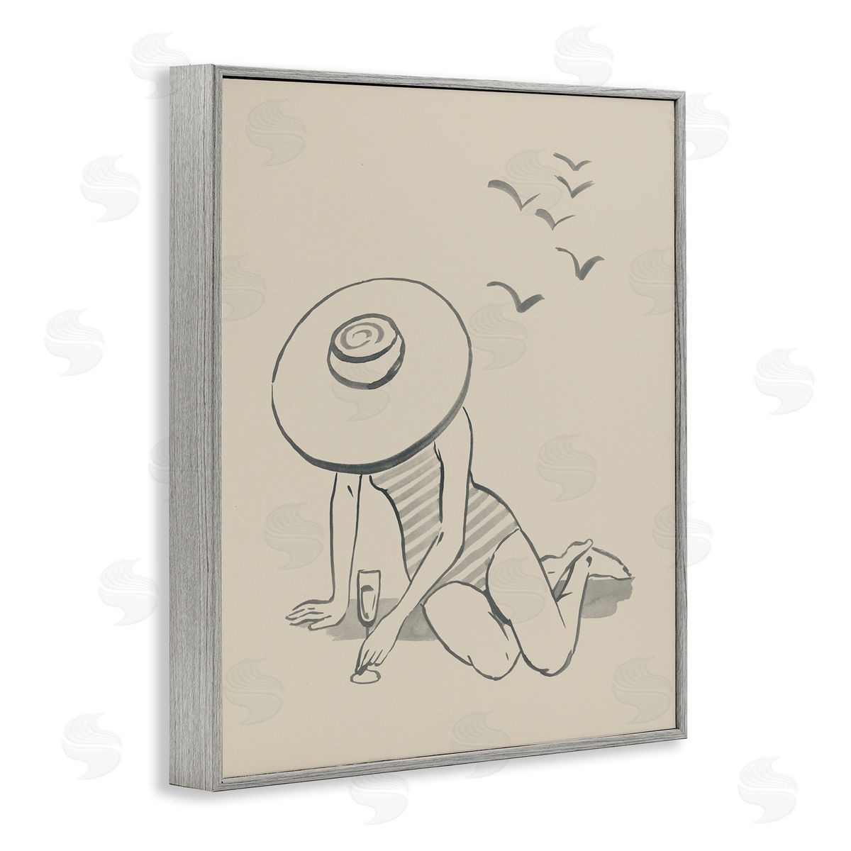 Girl on Beach Sketch Grey Frame Print Wall Art, Home Decor by Grace Popp