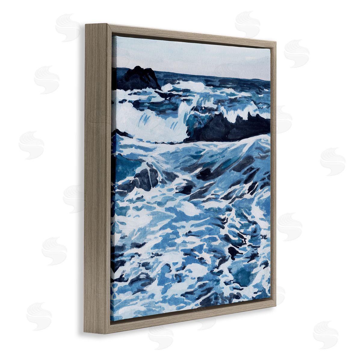 Blue Coastal Waves Brown Floating Frame Canvas Wall Art, Home Decor by Melissa Wang