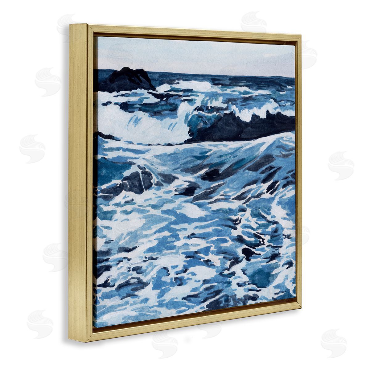 Blue Coastal Waves Gold Floating Frame Canvas Wall Art, Home Decor by Melissa Wang