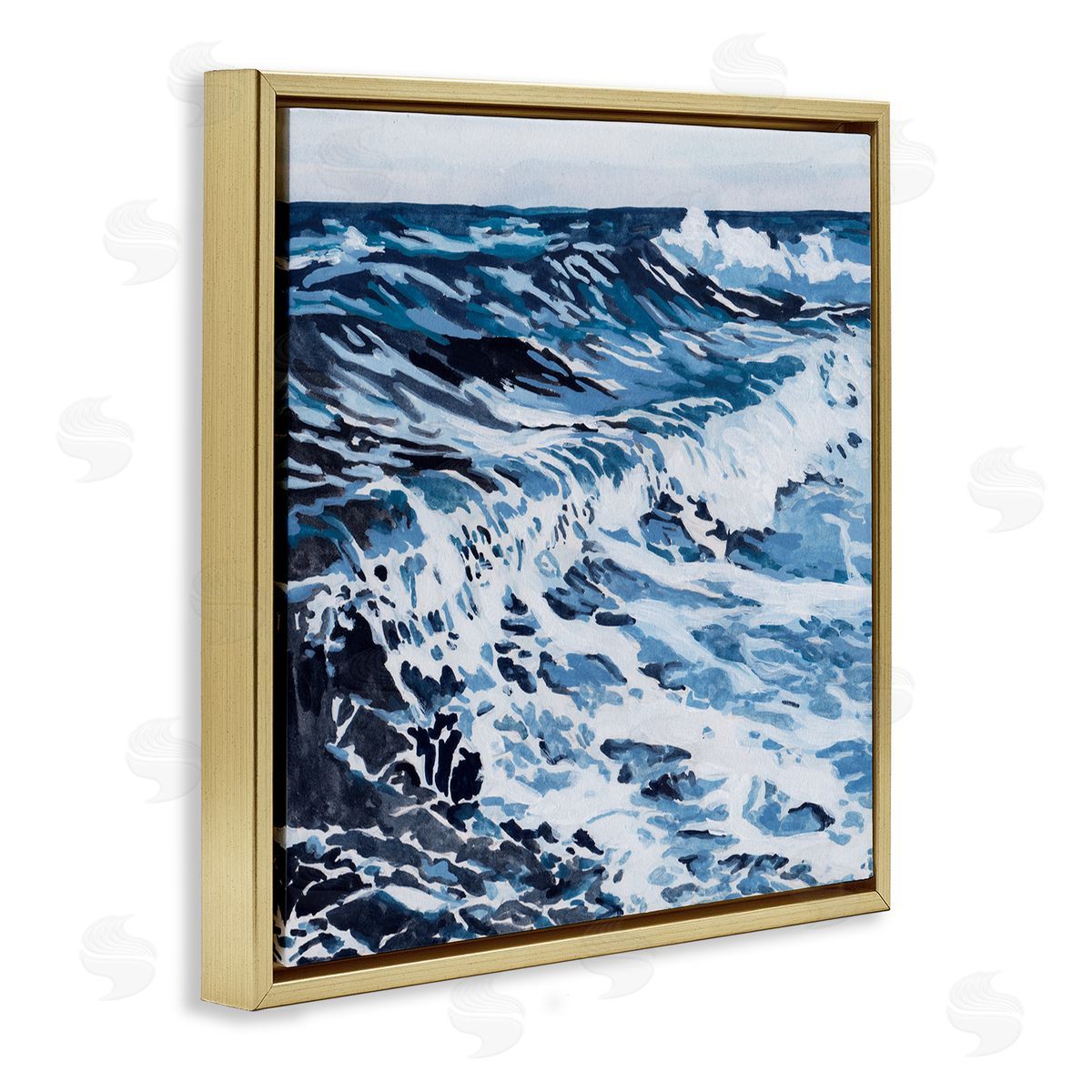 Blue Rolling Waves Gold Floating Frame Canvas Wall Art, Home Decor by Melissa Wang