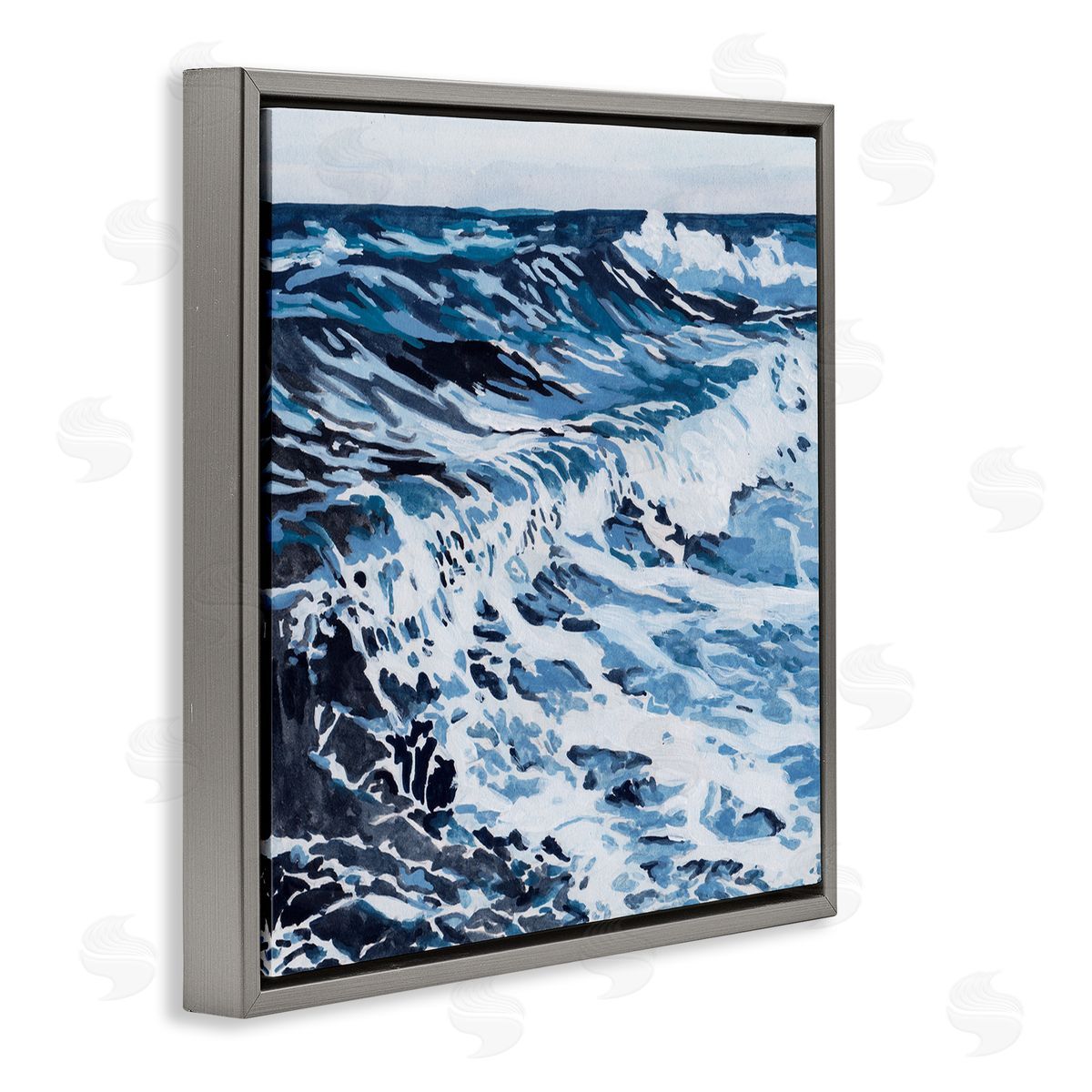 Blue Rolling Waves Grey Floating Frame Canvas Wall Art, Home Decor by Melissa Wang