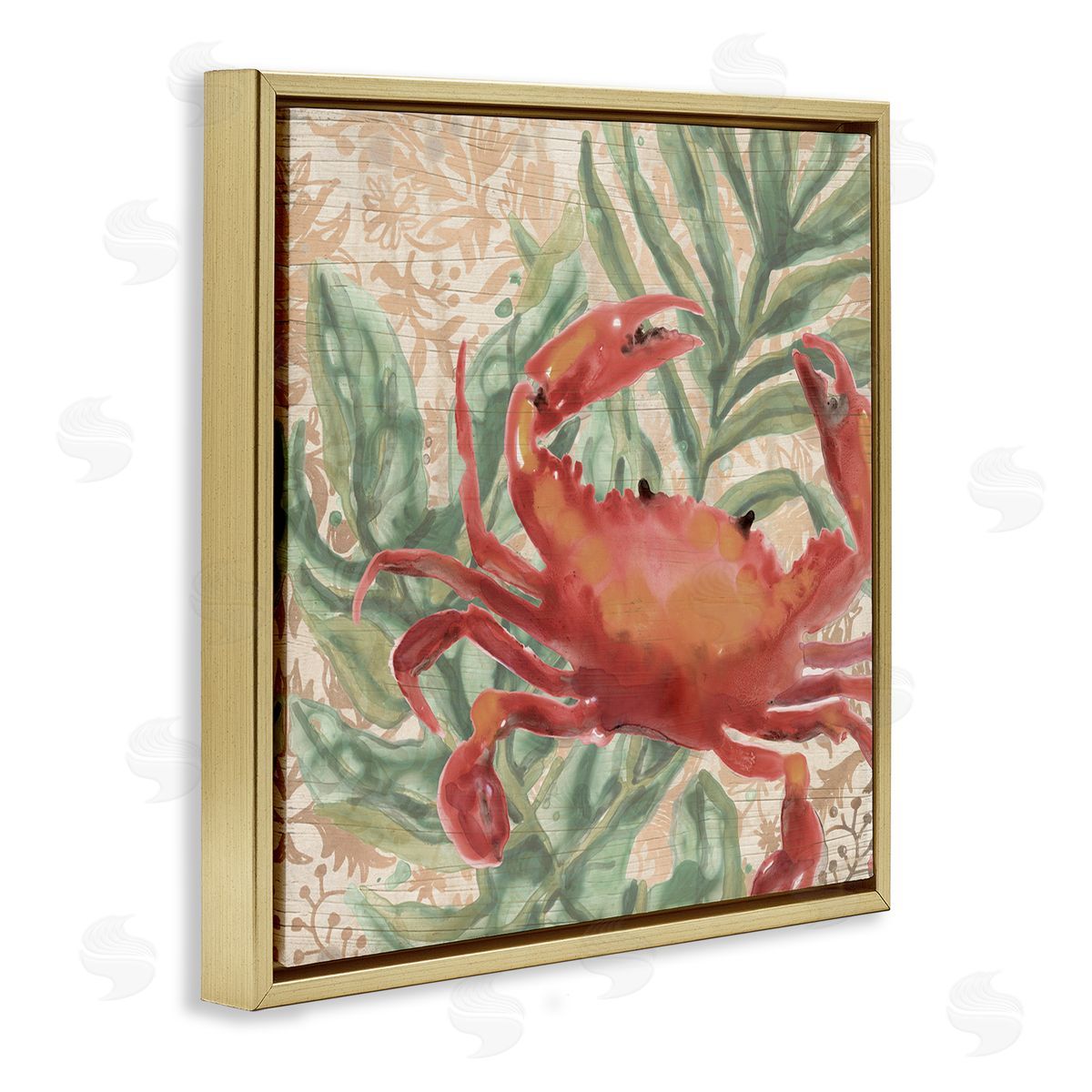 Crab on Palm Leaves Gold Floating Frame Canvas Wall Art, Home Decor by June Erica Vess