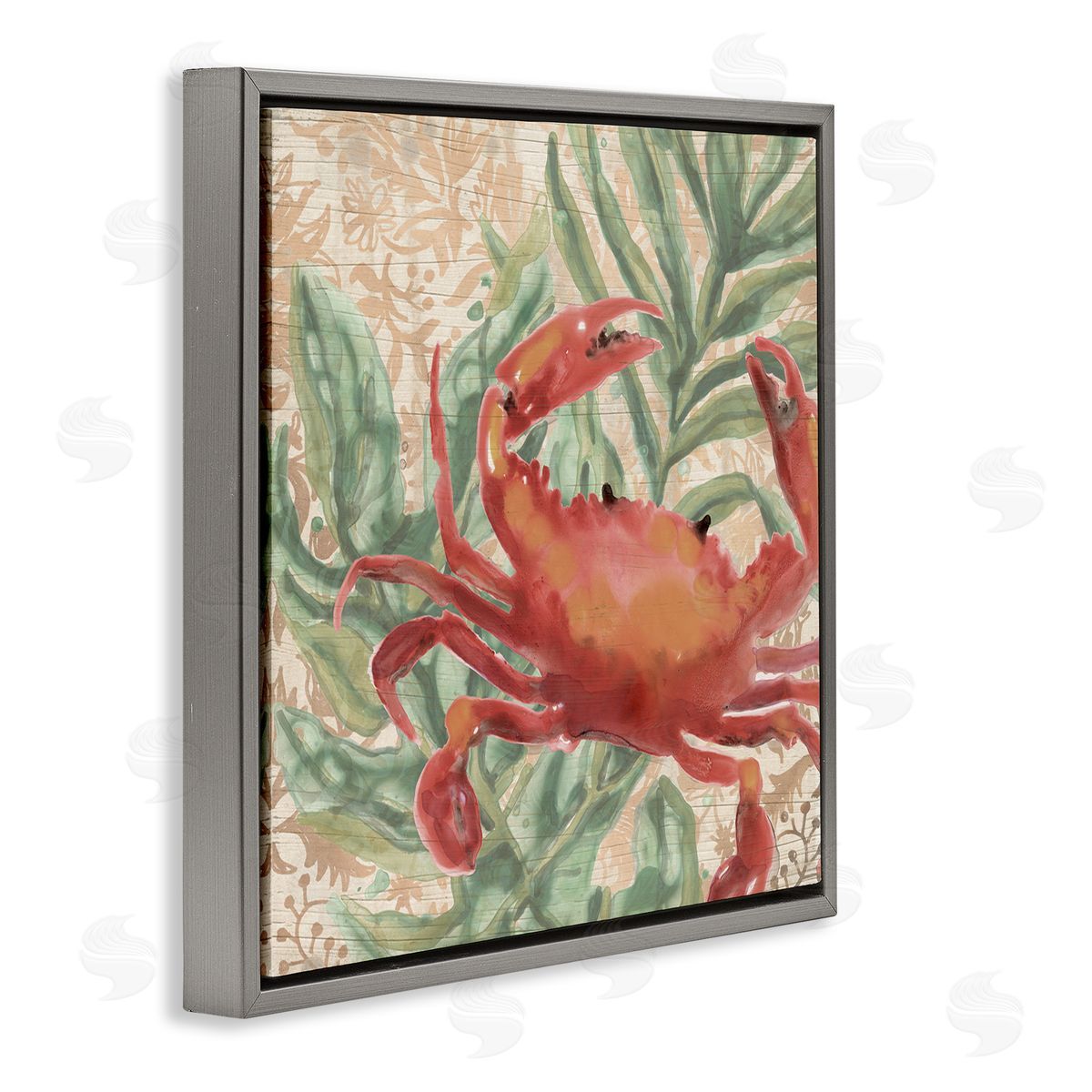 Crab on Palm Leaves Grey Floating Frame Canvas Wall Art, Home Decor by June Erica Vess