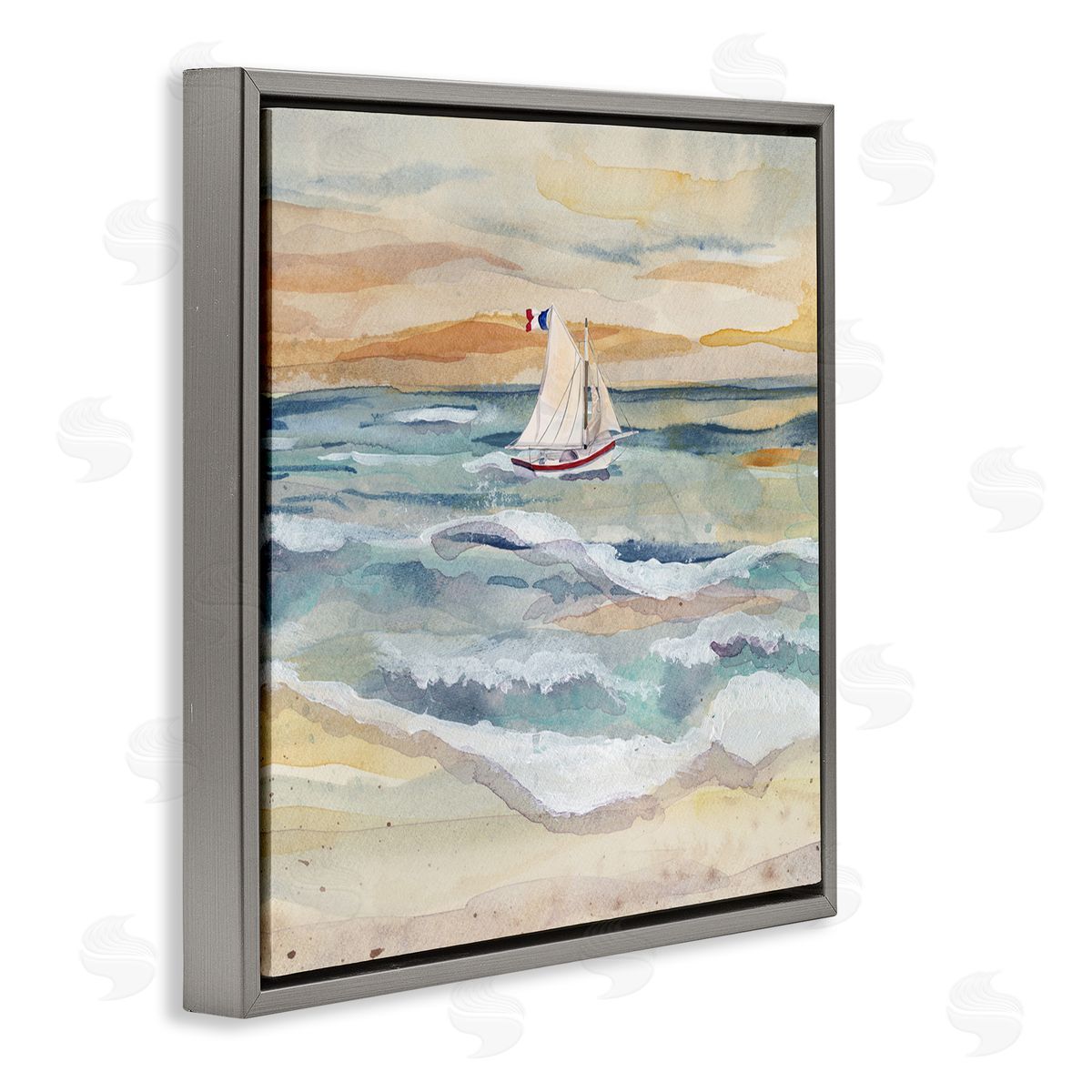 Watercolor Boat Beach View Grey Floating Frame Canvas Wall Art, Home Decor by Audrey Jeanne Roberts