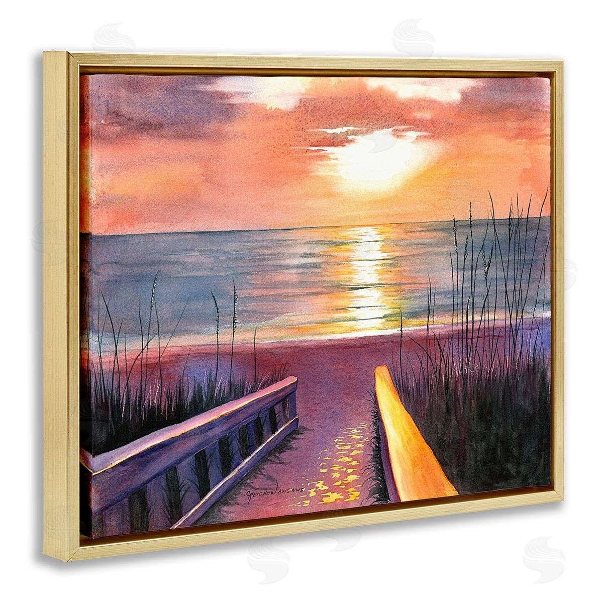 Sea Sunset Reflection Gold Floating Frame Canvas Wall Art, Home Decor by Christine Reichow