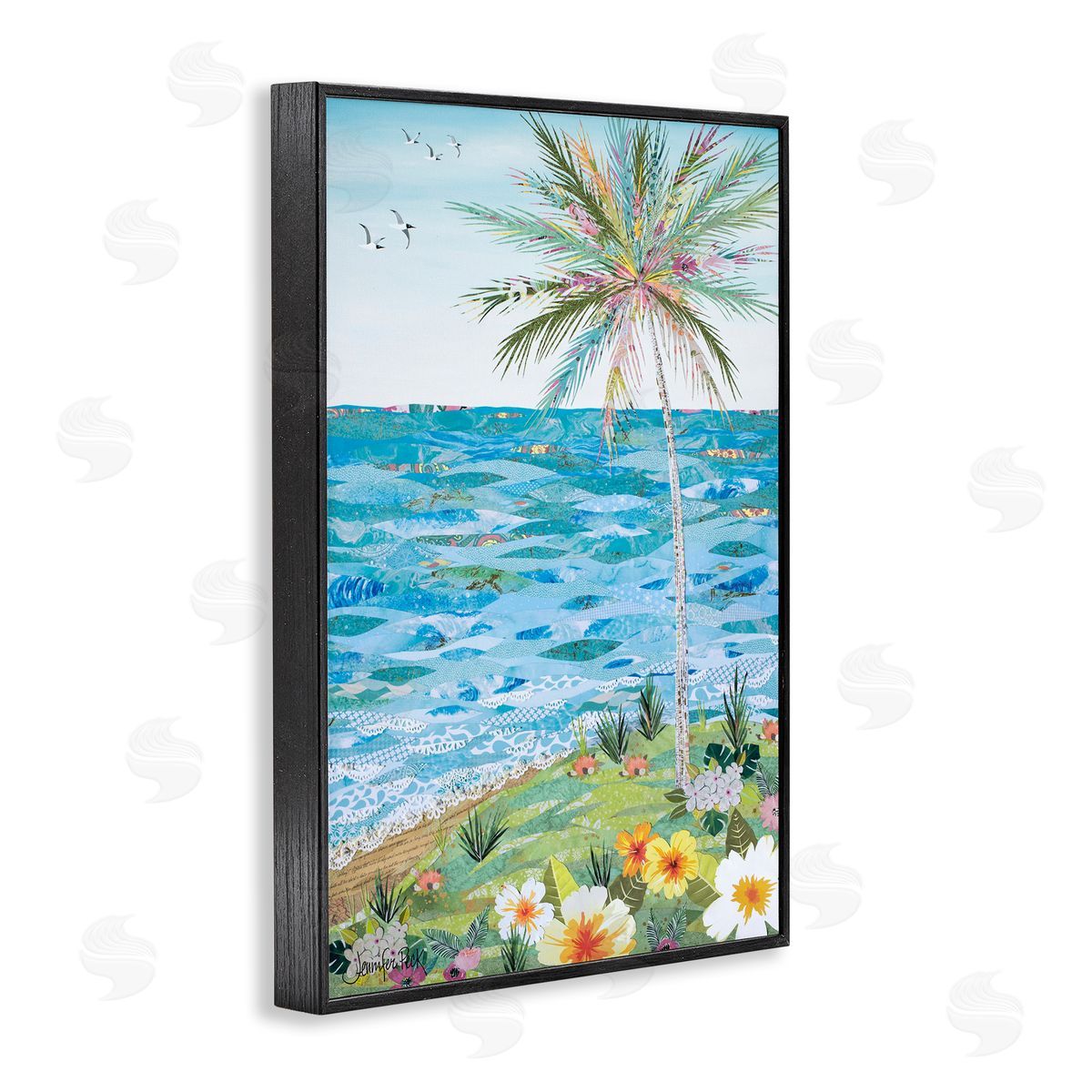 Collaged Tropical Landscape Black Frame Print Wall Art, Home Decor by Jennifer Peck