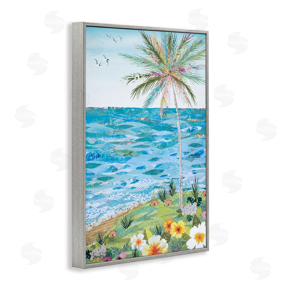Collaged Tropical Landscape Grey Frame Print Wall Art, Home Decor by Jennifer Peck