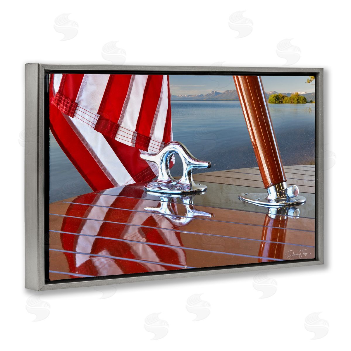 Flag On Boat Hull Grey Floating Frame Canvas Wall Art, Home Decor by Dennis Frates