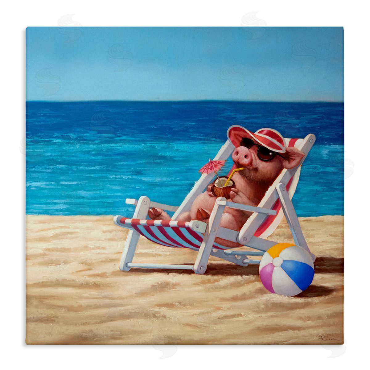 Pig with Beach Cocktail Canvas Wall Art, Home Decor by Lucia Heffernan