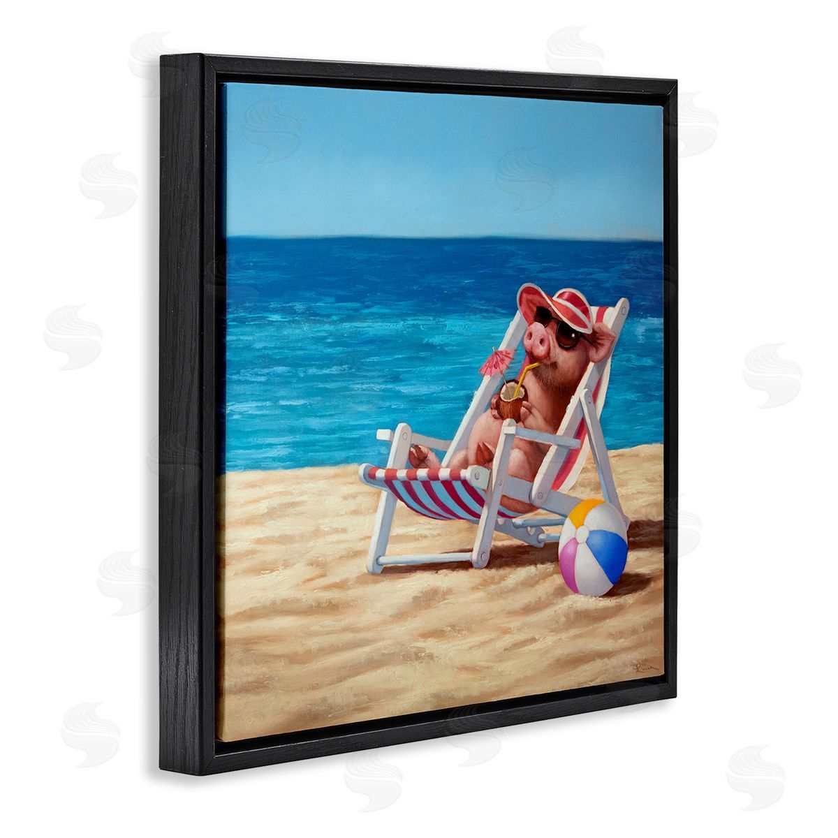 Pig with Beach Cocktail Black Floating Frame Canvas Wall Art, Home Decor by Lucia Heffernan
