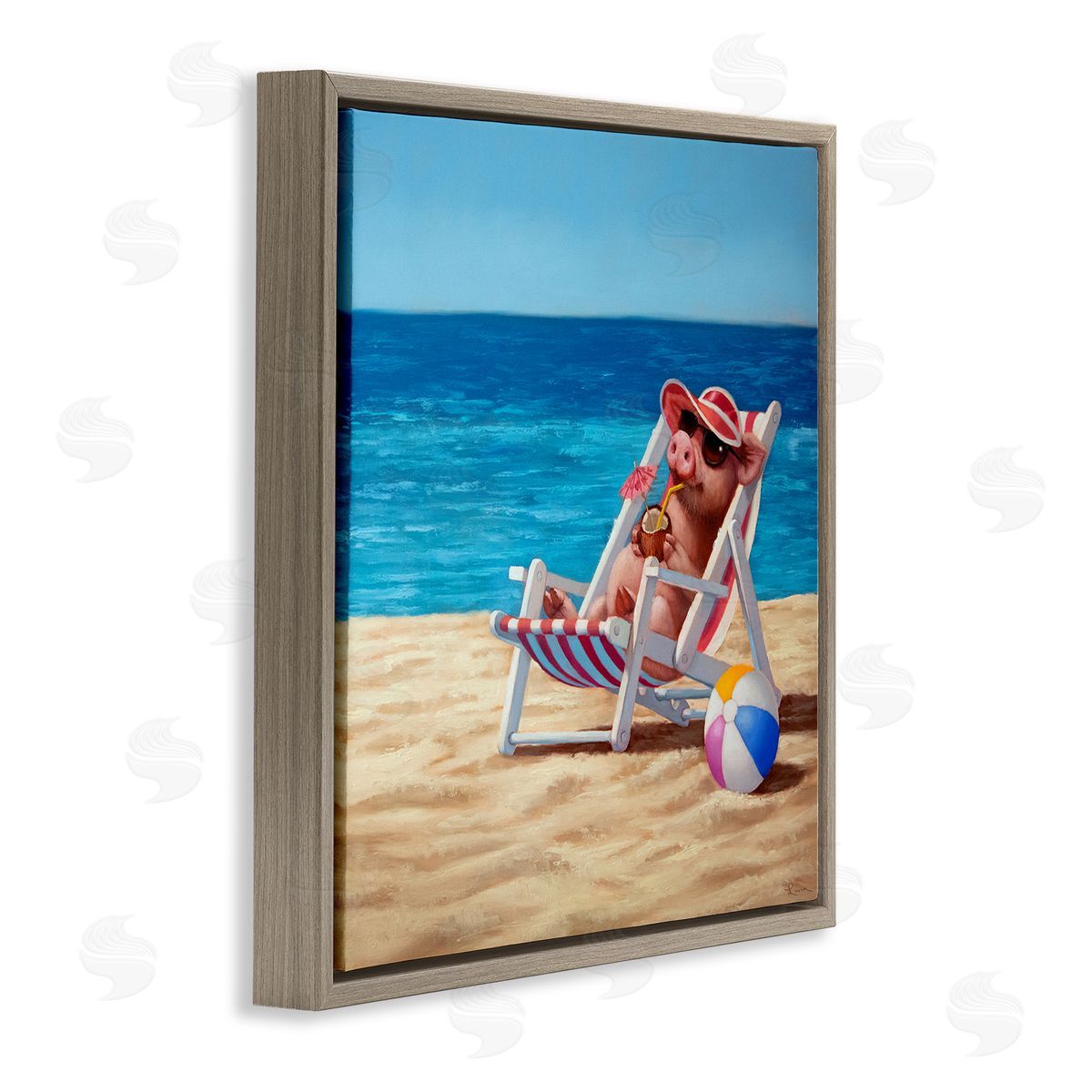 Pig with Beach Cocktail Brown Floating Frame Canvas Wall Art, Home Decor by Lucia Heffernan